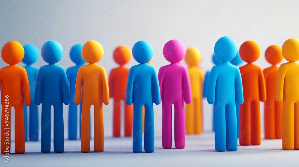 Poster vibrant group of stylized figures in various colors representing diversity and teamwork in a modern 