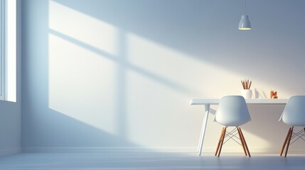Bright and spacious dining area with minimalist decor, featuring a white table and stylish chairs, illuminated by natural light.