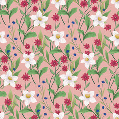 Seamless floral pattern, delicate spring ditsy print, abstract ornament of wild plants. Cute botanical design: large hand drawn flowers, small green leaves, branches, pink field. Vector illustration.