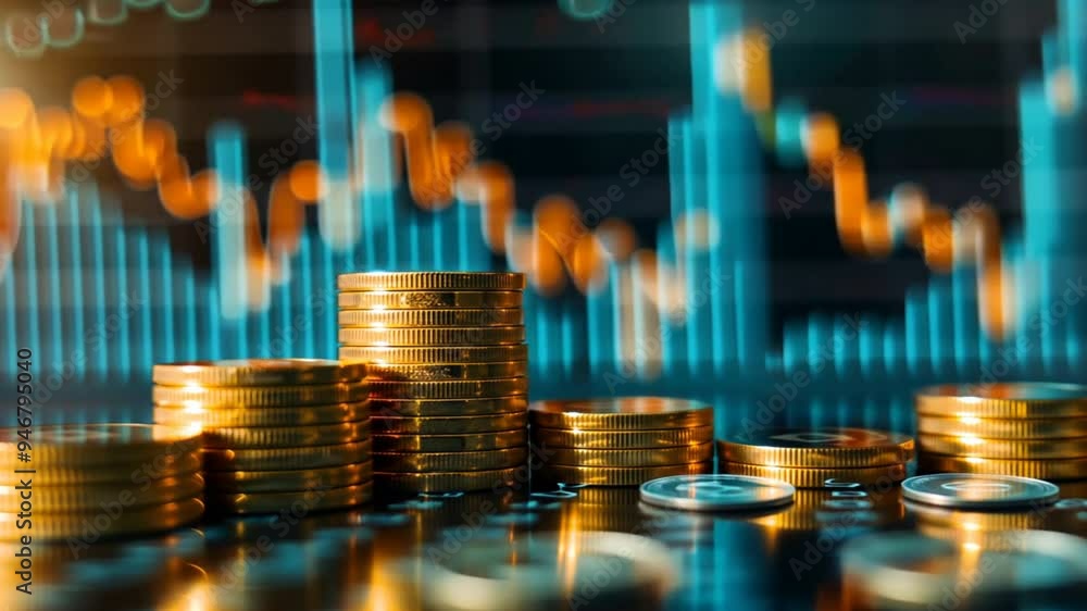 Poster A pile of coins on a table with a graph in the background. The coins are stacked on top of each other, and the graph shows a downward trend. Scene is one of financial uncertainty and instability
