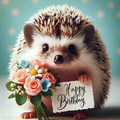 Hedgehog with a bouquet of flowers. Greeting card, happy birthday.