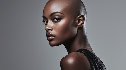 professional bald black female fashion model, showcasing her bold attitude