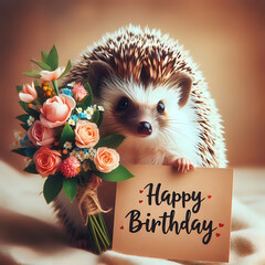 Hedgehog with a bouquet of flowers. Greeting card, happy birthday.