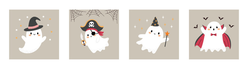 Ghost postcard set. Halloween cute ghosts in different characters. Phantom wizard, vampire, pirate. Vector illustration on white isolated background. Hand drawn style.
