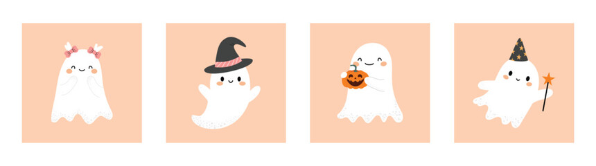 Cute ghost set. Halloween postcard collection with different ghosts. Concept of mystical drawings for decoration. Flat vector illustration on white isolated background.