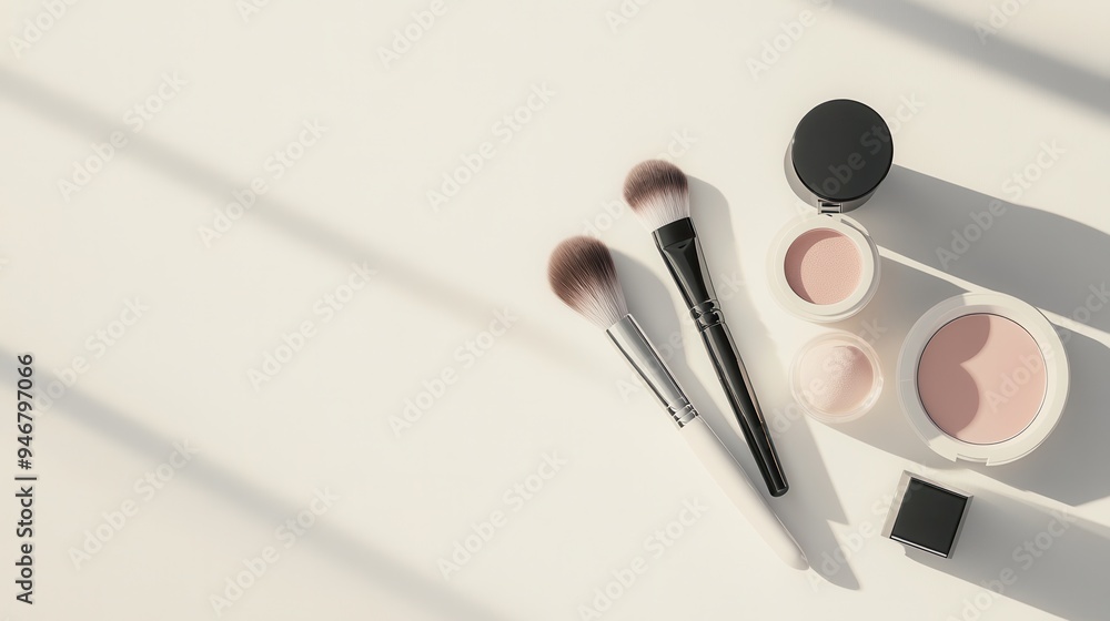 Poster cosmetic products are neatly arranged on a light background, showcasing brushes, powder, and lipstic