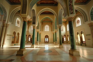Sunlight illuminating the ornate interior of a traditional arabic mosque with intricate patterns and designs