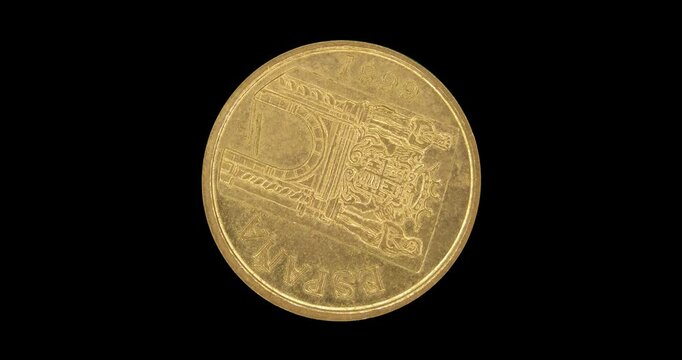 Obverse of 5 pesetas 1999, isolated in black background. Seamless animation in 4k resolution video.