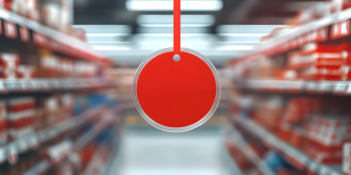Sale Marker Label. Transparent Crimson Circular Store Shelf Dangler. Design Mockup.