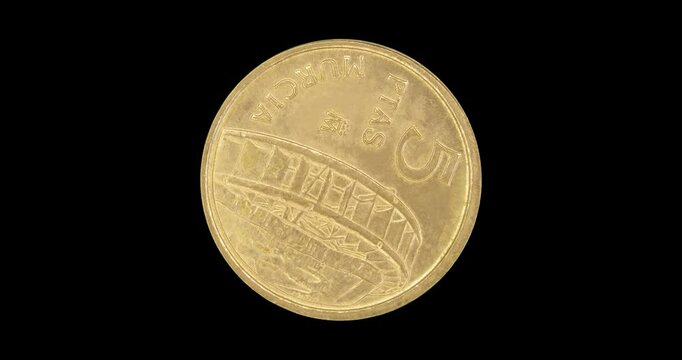 Reverse of 5 pesetas 1999, isolated in black background. Seamless animation in 4k resolution video.