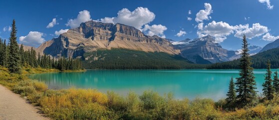 Mountainous Landscape with Turquoise Lake and Forest