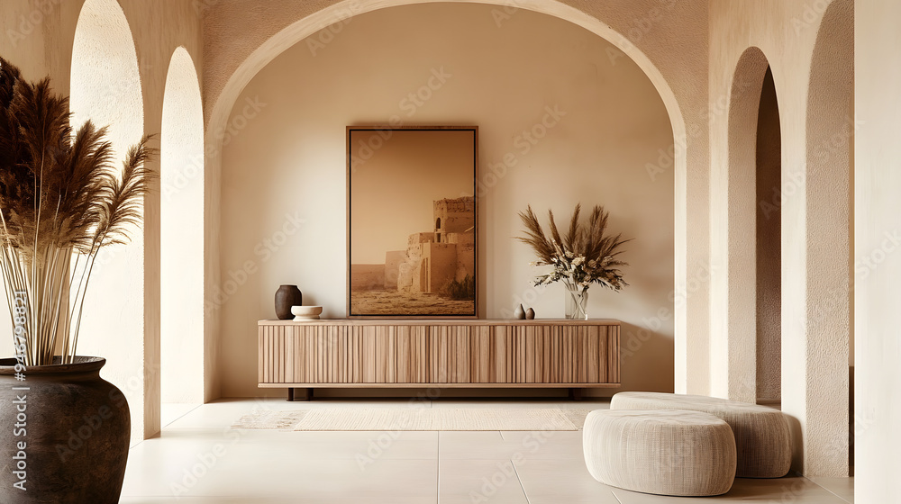 Wall mural boho, mediterranean interior design of modern home entryway, hall with arched walls.