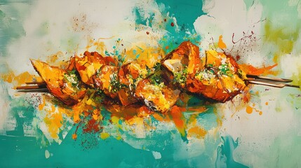 Abstract Oil Painting of Grilled Food on a Skewer
