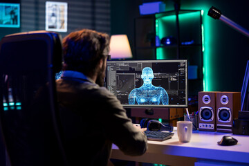 Programmer discussing with sentient AI becoming superintelligent, gaining humanoid form. Developer...