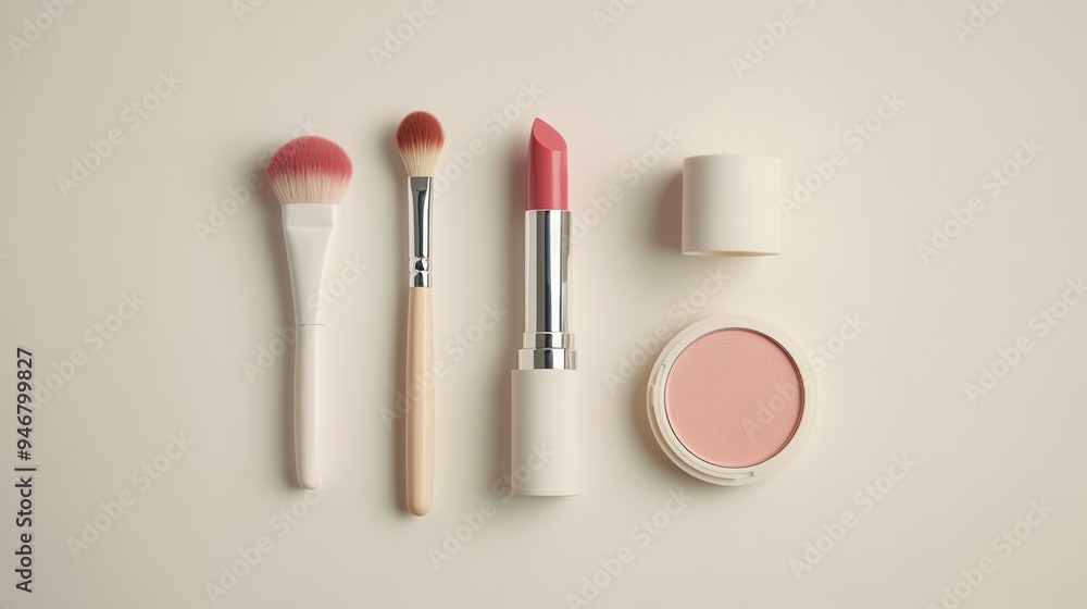 Poster cosmetic products displayed on a smooth light surface include a vibrant lipstick, makeup brushes, an