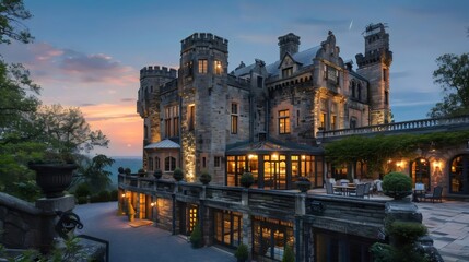 Obraz premium A large castle with a beautiful view of the sunset