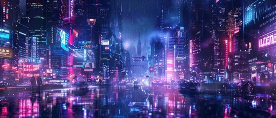 Fototapeta premium Futuristic cityscape background, neon-lit buildings, and holographic advertisements glowing in the night