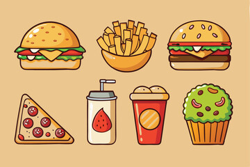 Fast food illustrations stickers set. Vector collection. Fast food cartoon icons. Hamburger, hot dog, pizza, taco, popcorn and other delicious food isolated on beige background. Perfect for menu 