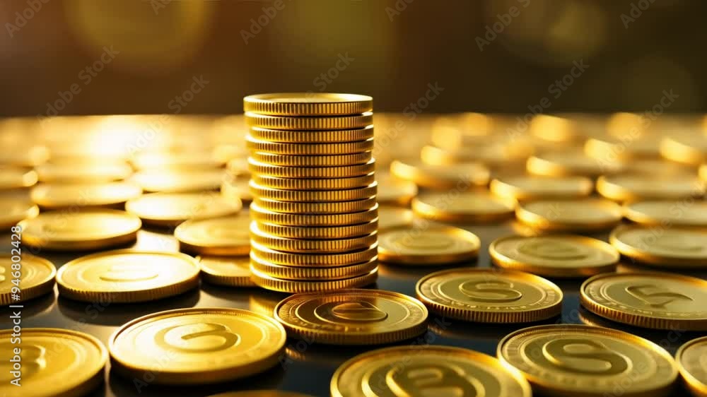 Poster A stack of gold coins on a table. The coins are piled on top of each other, creating a visually striking and impressive display. Concept of wealth and abundance