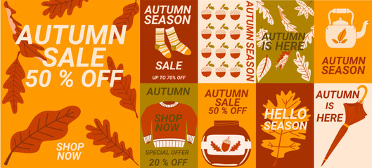 Simple hand drawn autumn  template set. Fall season design sale. Hello autumn vector background. Different cover, posters.  © Aliaksandra