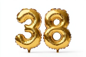 Number 38 golden inflatable foil balloons. Bright party decoration. Thirty eight years on white background