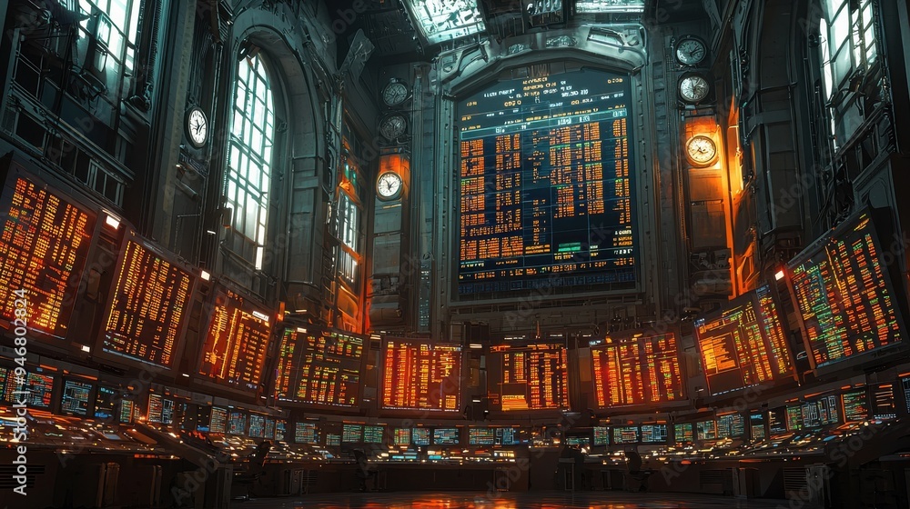 Aufkleber dynamic financial trading hub, traders engaged with multiple screens displaying real-time market dat