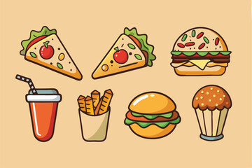 Fast food illustrations stickers set. Vector collection. Fast food cartoon icons. Hamburger, hot dog, pizza, taco, popcorn and other delicious food isolated on beige background. Perfect for menu 