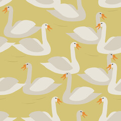 Swan seamless pattern on yellow background. Farming vector wallpaper. Flat cute illustrations background