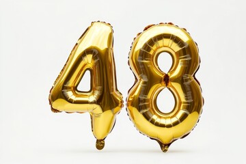 Number 48 golden inflatable foil balloons. Bright party decoration. Fourty eight years on white background