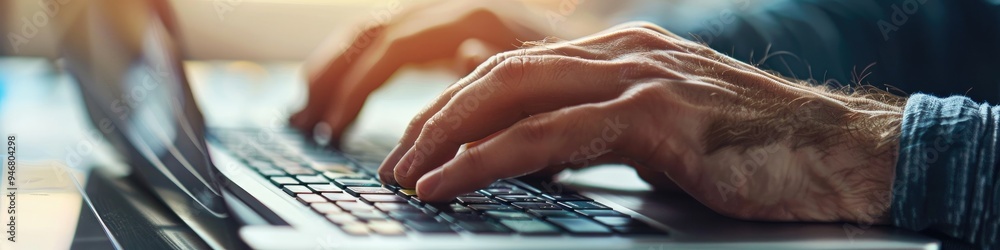 Poster Close-up shot of male hands typing on a laptop keyboard and coding in a home office setting, featuring ample copy space.