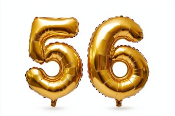 Number 56 golden inflatable foil balloons. Bright party decoration. Fifty six years on white background