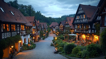 Obraz premium Charming village with half-timbered houses illuminated at dusk.