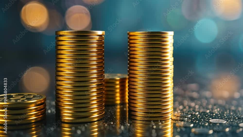 Poster three stacks of gold coins on a table. the coins are shiny and reflect the light. concept of wealth 