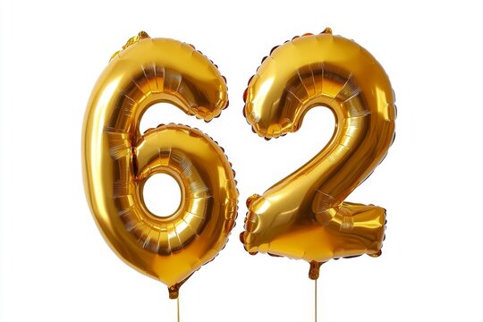 Number 62 golden inflatable foil balloons. Bright party decoration. Sixty two years on white background