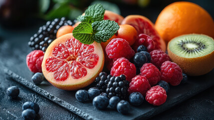 Close-up of fresh grapefruit, berries, and kiwi with mint leaves, colorful fruit arrangement, healthy eating, vibrant food photography, nutritious meal, natural ingredients