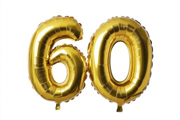 Number 60 golden inflatable foil balloons. Bright party decoration. Sixty years on white background