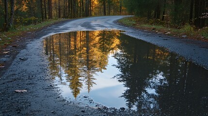 A serene road scene with a puddle reflecting trees and autumn colors.
