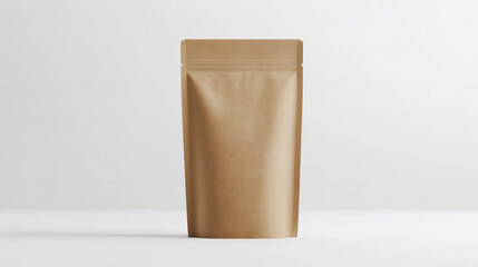 A mockup of a craft paper standing pouch with a natural, textured surface