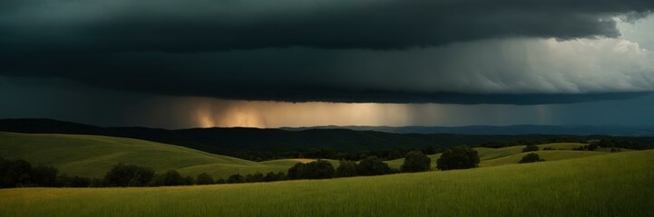 Obraz premium Approaching thunderstorm over green rolling hills at sunset