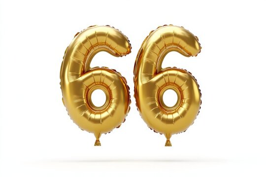 Number 66 golden inflatable foil balloons. Bright party decoration. Sixty six years on white background