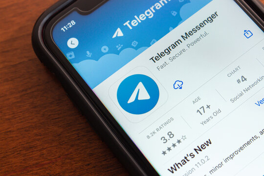 Vancouver, CANADA - Aug 26 2024 : Telegram Messenger app, a cloud-based messaging app offering secure communication, seen in the App Store on an iPhone screen.