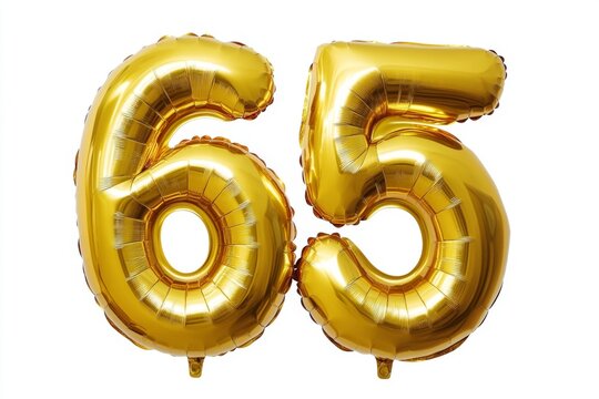 Number 65 golden inflatable foil balloons. Bright party decoration. Sixty five years on white background