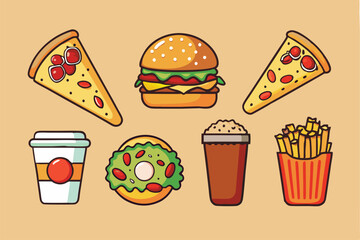 Fast food illustrations stickers set. Vector collection. Fast food cartoon icons. Hamburger, hot dog, pizza, taco, popcorn and other delicious food isolated on beige background. Perfect for menu 