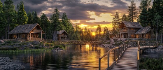 Obraz premium Rustic Wooden Cabins by a Lake at Sunset