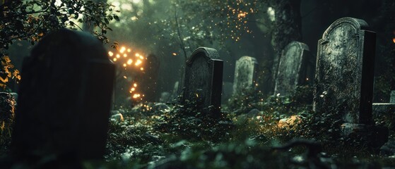 Obraz premium A Graveyard with a Mysterious Glow Amidst the Trees