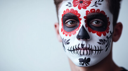 A realistic portrait of a young man with his face painted in a traditional Calavera style