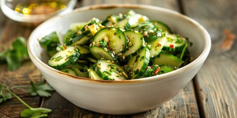 Sunomono Japanese Cucumber Salad with Asian Dressing in White Bowl on Wooden Table