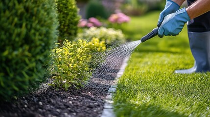 A gardener watering newly planted shrubs with a garden hose, with a lush green lawn and garden beds in the background