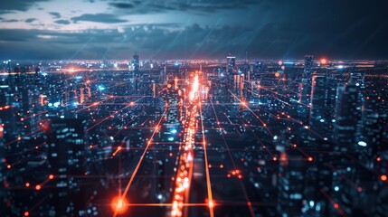 A futuristic smart city at night with an illuminated grid overlay. AI-driven technology and glowing traffic lights highlight the city's advanced infrastructure and dynamic urban landscape