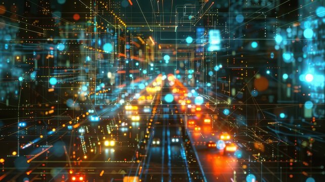 A vibrant smart city illuminated by AI-driven technology, showcasing dynamic digital data flows and interconnected light networks, creating a high-tech urban landscape